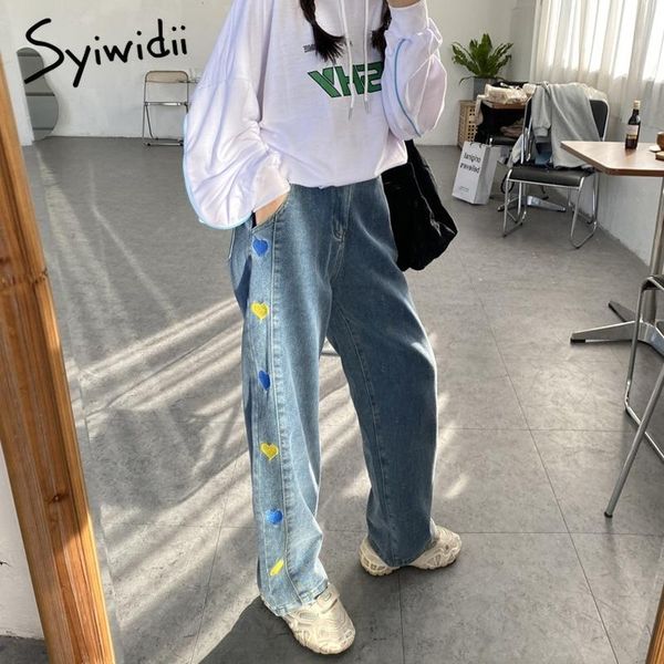 

syiwidii embroidery jeans women spliced pattern heart side stripe straight denim pants high waist 2021 fashion spring wide leg, Blue