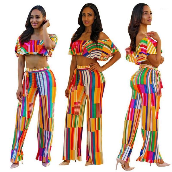 

women's casual color striped breast wrap digital printing two-piece suit1, Gray