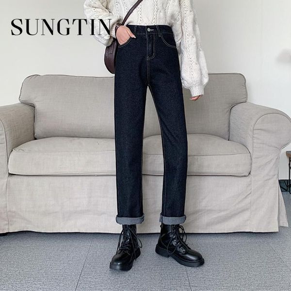 

sungtin vintage high waist jeans woman bf casual wide leg denim pants loose black straight trousers korean female new streetwear, Blue