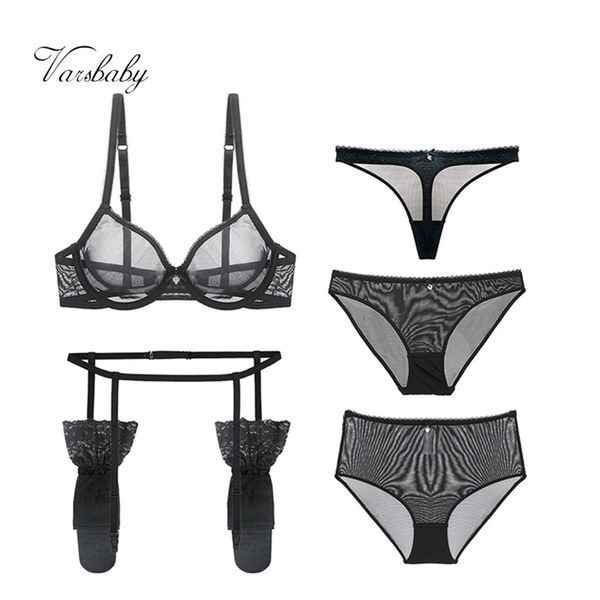 

varsbaby new arrival 6 pcs bras+panties+garters+stockings+thongs+high-waist briefs b c d bra set lj201210, Red;black