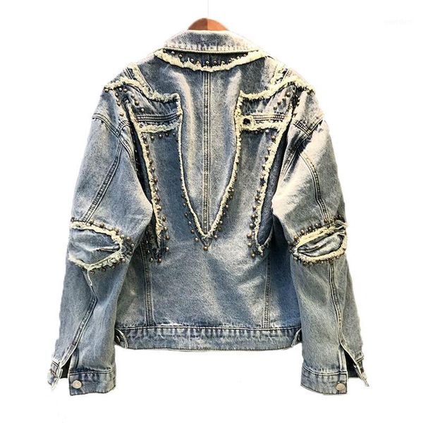 

ewq] 2020 autumn beading rivets denim jacket women plus size coat hole patch jeans jacket women high street outwear blue coats1, Black;brown