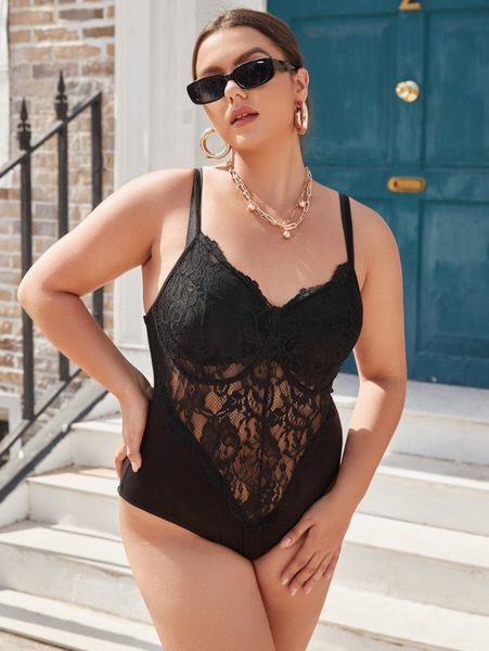 

plus lace cami bodysuit without bra k5rp#, Black