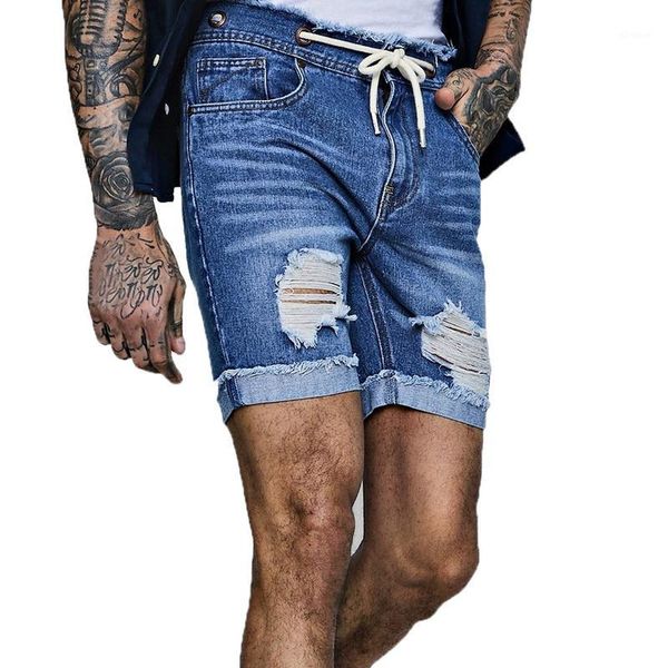 

2020 summer new men's stretch short ripped jeans fashion casual slim fit elastic denim shorts male brand clothes1, Blue