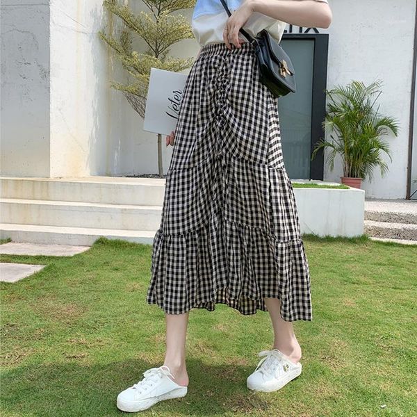 

high waist women casual skirt plaid checkered print lace up pleated skirts skater vintage autumn spring long office lady jurken1, Black