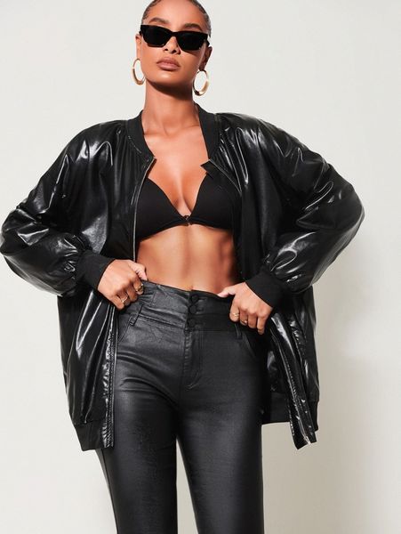 

sxy drop shoulder patent bomber jacket d0fc#, Black;brown