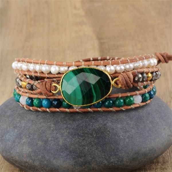 

pearl bracelets 3 strands wrap bracelets handmade bohemian malachite leather bracelet natural malachite pearl braid bracelet 200928, Black