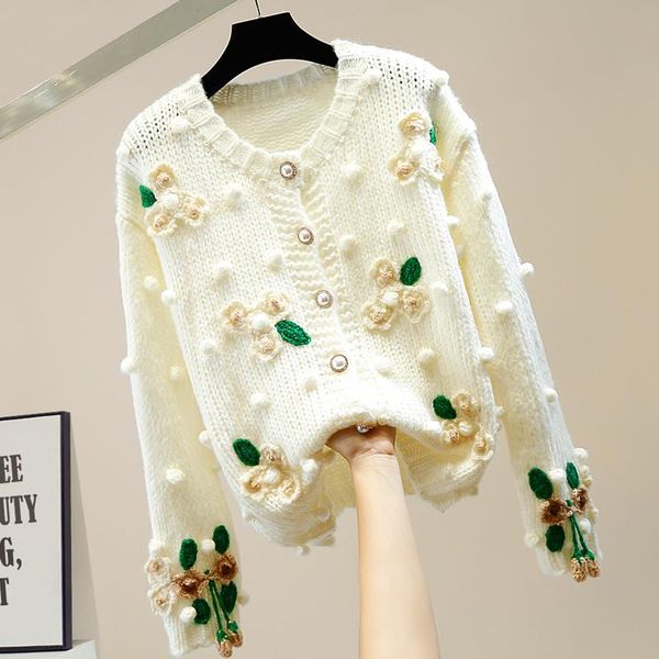 

winter soft cute 3d flowers embroidery crocheted flowers balls sweater coat knitted cardigan jacket single-breasted crop, White
