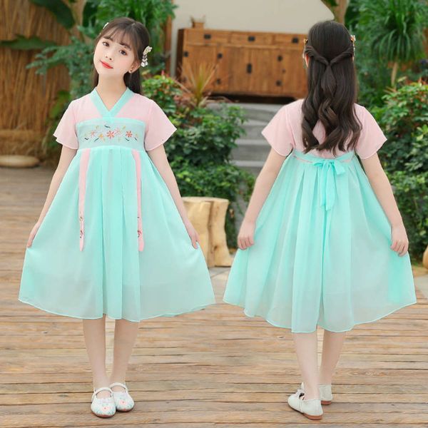 

2020 summer girl's tang han clothing chine national sle qipao children's long skirt short sve chiffon drs, Blue