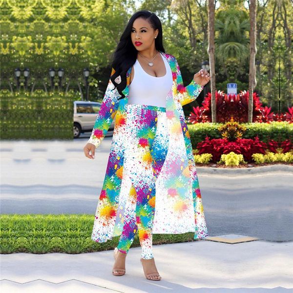 

womens 2 pcs clubwear long sleeve cardigan suit graffiti printing sets autumn spring cardigan coat and elastic waist long pants, Gray