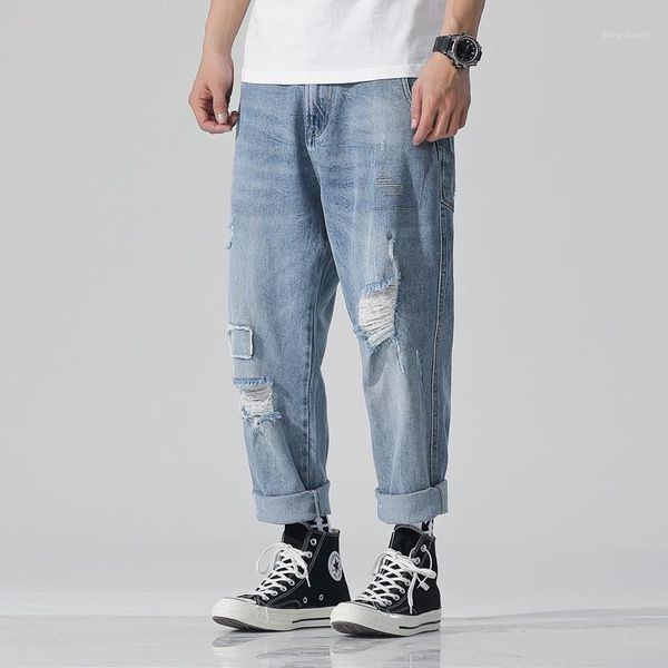 

cycling jeans 2019 spring retro hole jeans teen moris new trend patch small straight loose light color 9 points pants size 28-421, Blue