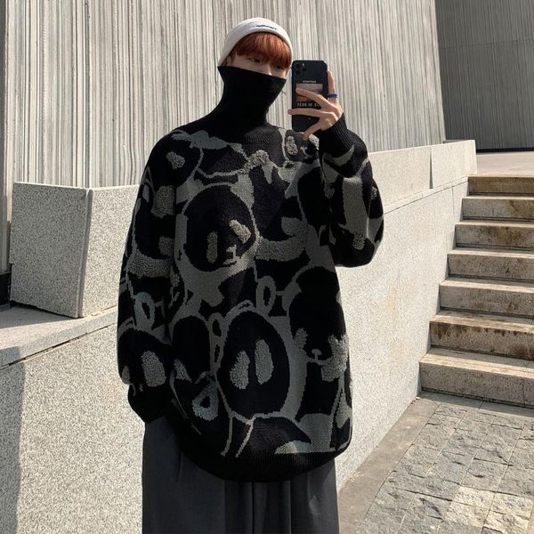 

men's turtleneck sweater cartoon knitted panda pullover winter bottoming shirt thick loose fashion autumn coat chinese tide, White;black