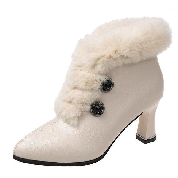 

boots 2021 winter womens high heel fashion pointed rear zipper ankle booties woman casual beige trend fur shoes female 35-391, Black