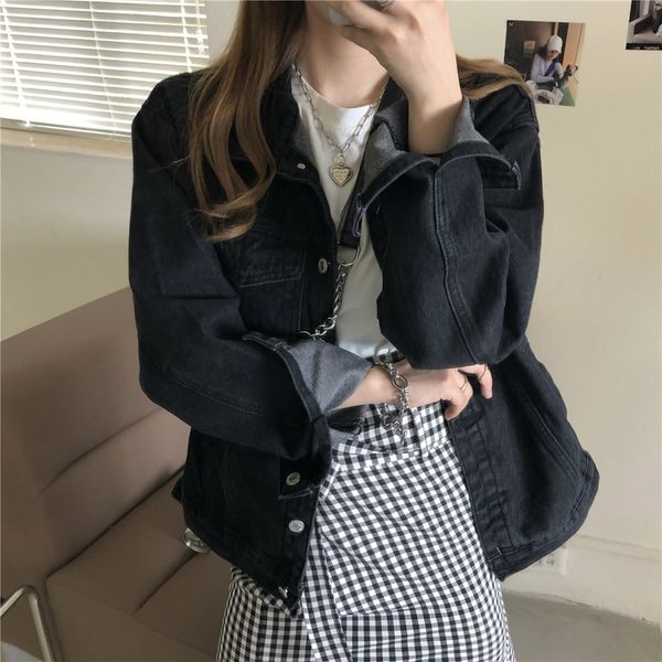 

korean long sleeve denim jacket, Black;brown