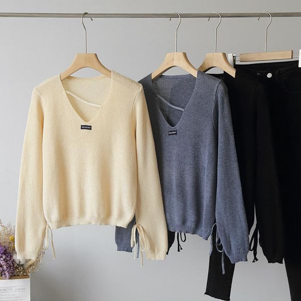 

women's sweaters spring and autumn style v-neck pullover sweater with cuffs bowknot solid color loose knit, White;black