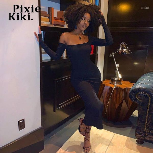 

pixiekiki black ribbed knitted bodycon dresses for women winter 2020 elegant low cut long sleeve split midi dress p83-cz231, Black;gray
