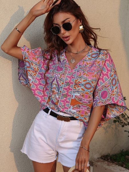 

paisley & plants print batwing sleeve blouse z4vj#, White
