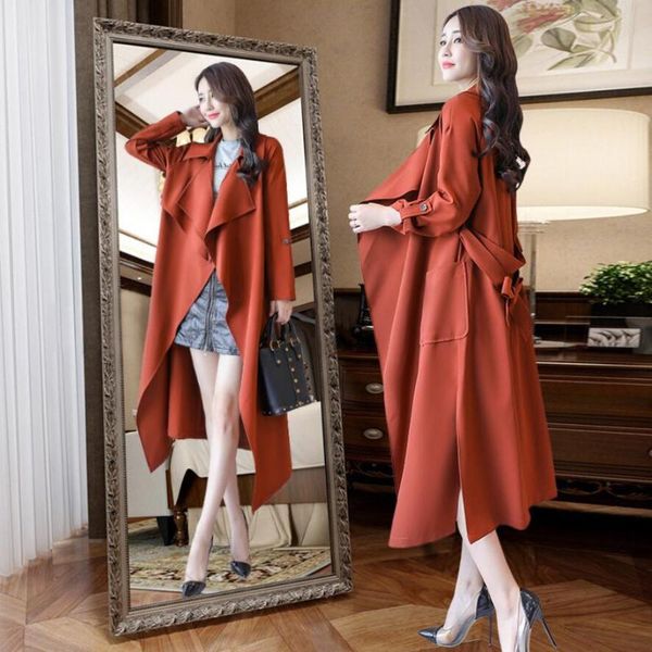 

2020 new women's trend personality coat long female trench coat belt decorate slim windbreaker stage costumes, Tan;black