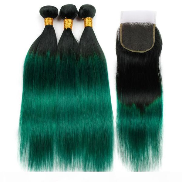 

#1b green ombre straight indian human hair 3bundles with closure ombre green indian hair with closure dark green ombre lace closure 4x4, Black;brown