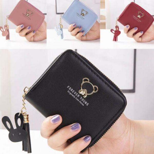

women solid cute coin bag case leather bear tassel small handbag purse ladies smart female mini slim card wallet, Red;black