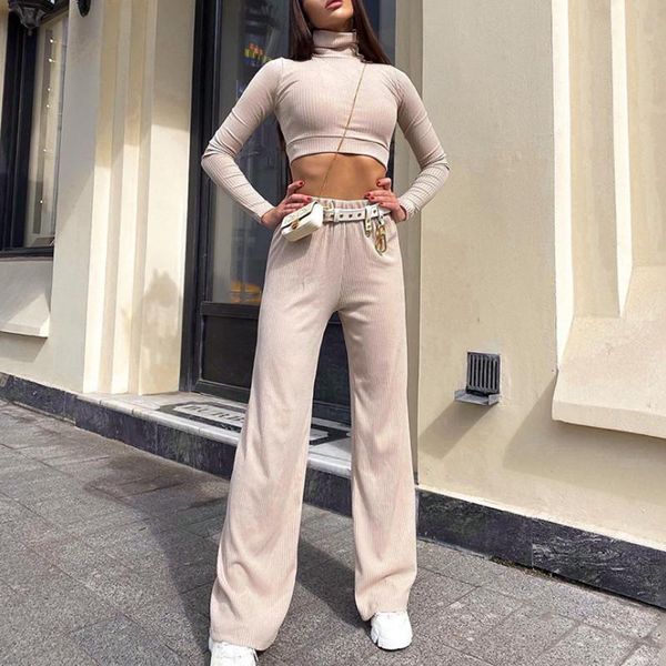 

spring autumn women fashion 2-piece outfit set solid color long sleeve high collar pants set for ladies, Gray