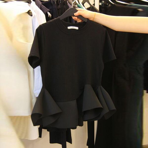 

2020 summer tshirt fashion korean style short-sleeved t-shirt women loose ruffled hem black color shirt basic tee, White