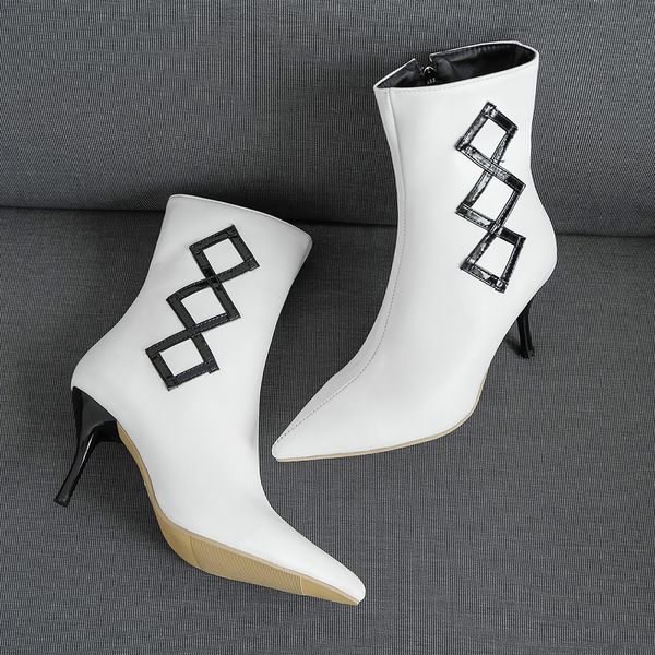 

2020 new elegant black white women nude mid calf boots high heels office lady shoes k394 plus big size 10 43 45 47