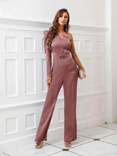 

satin asymmetrical neck gigot sleeve jumpsuit 71rt#, White