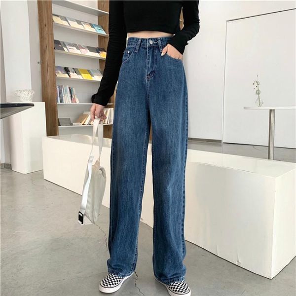 

denim blue jean women casual loose vintage buttom pockets zipper solid high wide leg pants korean 2020 autumn clothing