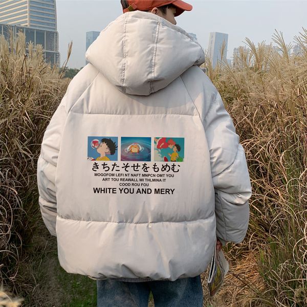 

2021 men's spring and lean new winter anime cartoons printed cotton coat young clothes emwl, Black