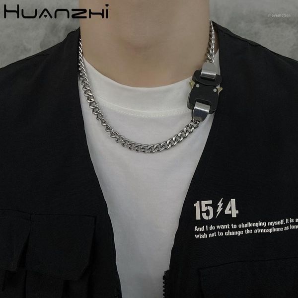 

huanzhi 2020 new trendy cool punk industrial style metal buckle geometric couple necklace for women men party jewelry1, Golden;silver