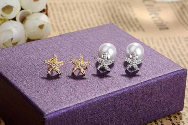 

fashion gold color starfish full zircon pearl stud earring two side wear sea star earrings for women aretes de mujer zk30, Golden;silver