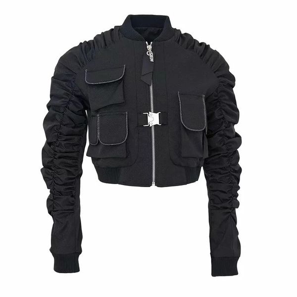 

street zipper short woman moto biker cropped jackets pocket streetwear stand collar long sleeve coats autumn winter 2021, Black;brown