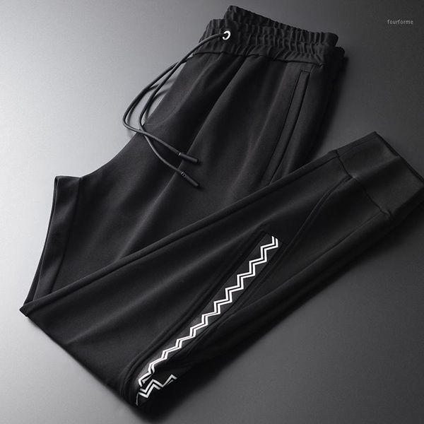 

men's pants elastic waist men luxury ribbon splicing soft fabric casual sport man plus size 4xl slim fit male1, Black
