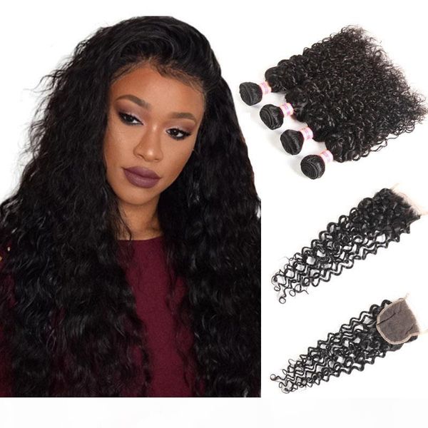 

malaysian virgin hair deep wave loose wave water wave kinky curly hair bundles with closure human hair lace closure, Black;brown