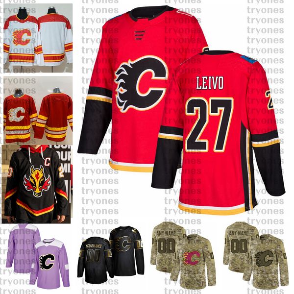 

2021 reverse retro customize #27 josh leivo calgary flames jerseys golden edition camo veterans day fights cancer hockey jersey, Black;red