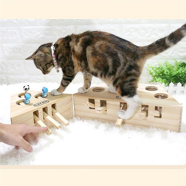 

cat toys hunt chase mouse solid wooden interactive maze pet hit hamster with 3/5-holed hole catch bite funny toy