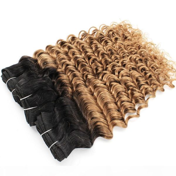 

indian deep wave curly hair weave bundles 1b 27 ombre honey blonde two tone 1 bundles 10-24 inch peruvian malaysian human hair extensions, Black