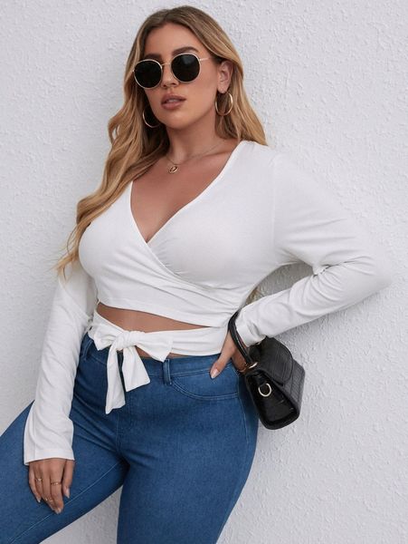 

plus surplice neck tie front crop tee x6bd#, Black