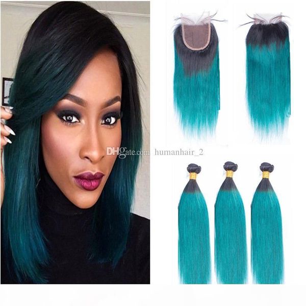 

9a grade brazilian straight ombre hair 1b green bundles with lace closure dark roots green ombre hair weaves with 4x4 closure, Black;brown