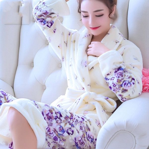 

women robes winter warm coral fleece nightdress sleepwear female pajamas home clothes floral dressing gron kimono l bathrobe y200107, Black;red