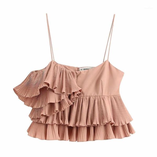 

women pleated ruffles spaghetti strap blouse ladies double layer solid color chic femininas sling shirts brand ls63731, White