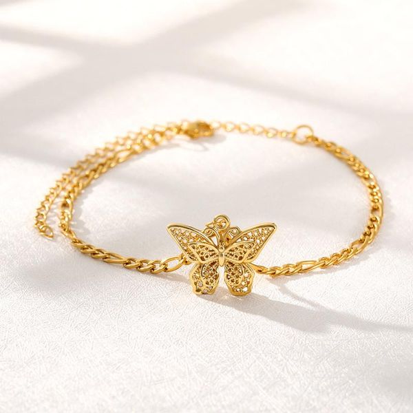 

link, chain fashion stainless steel golden butterfly pendant bracelet for women boho charm female jewelry accessories, Black