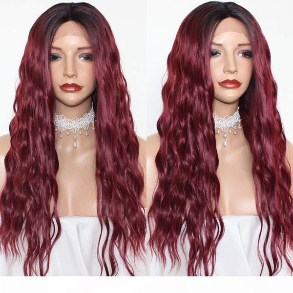 

fashion black roots ombre burgundy loose wave hair lace wigs heat resistant glueless natural wavy synthetic lace front wigs for women