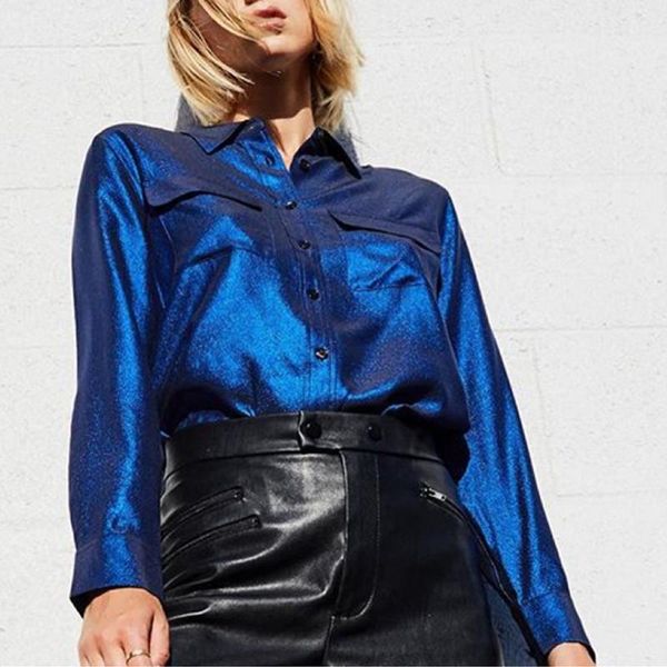 

100% silk women blue shirt long sleeve turn-down collar single-breasted double pockets casual soft shirts and top, White