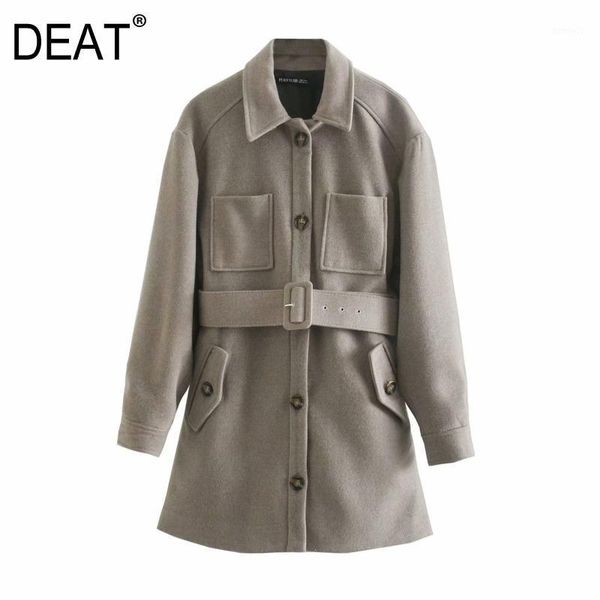 

women's wool & blends [deat] 2021 winter fashion single-breasted turn-down collar solid color long sleeve sashes women woolen cloth coa, Black