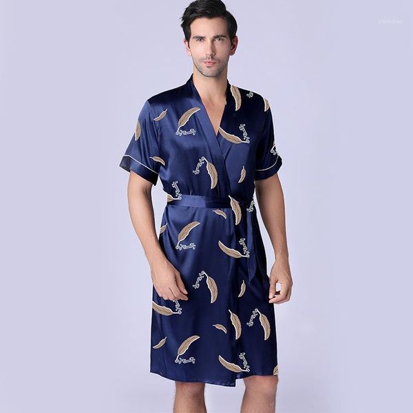 

summer men's bathrobe satin fiber short-sleeved leisure sleep men's summer bathrobe mid-long silk robes men underwear1, Black;brown