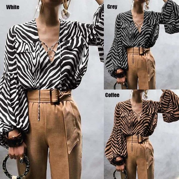 

celmia women v-neck shirts autumn blouse 2020 casual lantern sleeve lace up zebra pattern work plus size blusas mujer, White