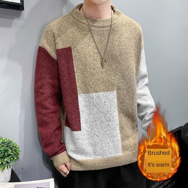 

men's sweaters 2021 winter young students plus velvet thickening warm casual fashion handsome pullover sweater, White;black