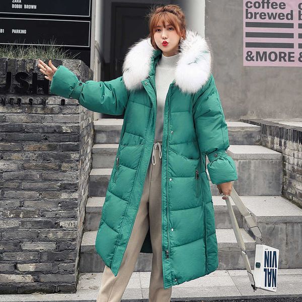 

x-long women winter jacket with thicken fur hooded warm female long parka cotton padded solid casual women's cold coat 201014, Black