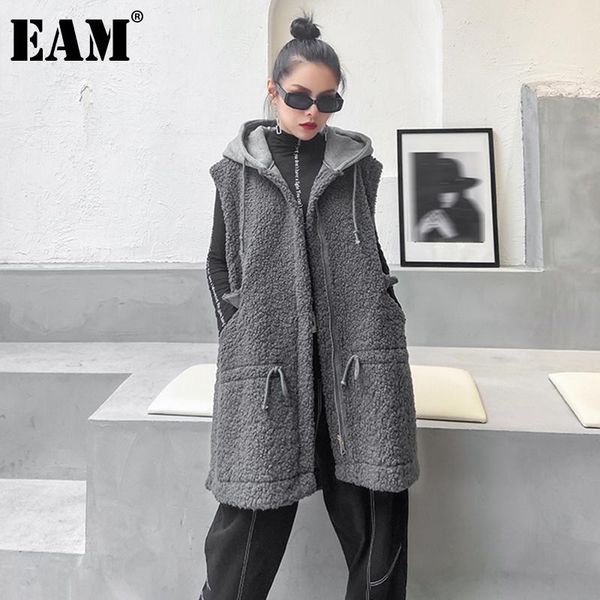 

[eam] women loose fit gray big size faux fur pocket vintage vest new hooded sleeveless fashion tide autumn winter 2021 1dd0599, Black;white